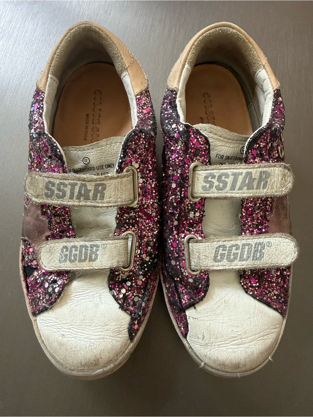 Golden Goose kids White Leather Sneakers with Pink Glitter Panels authentic
